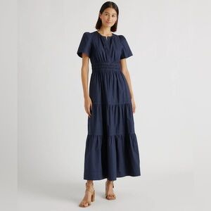 NEW! Quince 100% Organic Cotton Poplin Tiered Maxi Dress Navy Blue Size S
